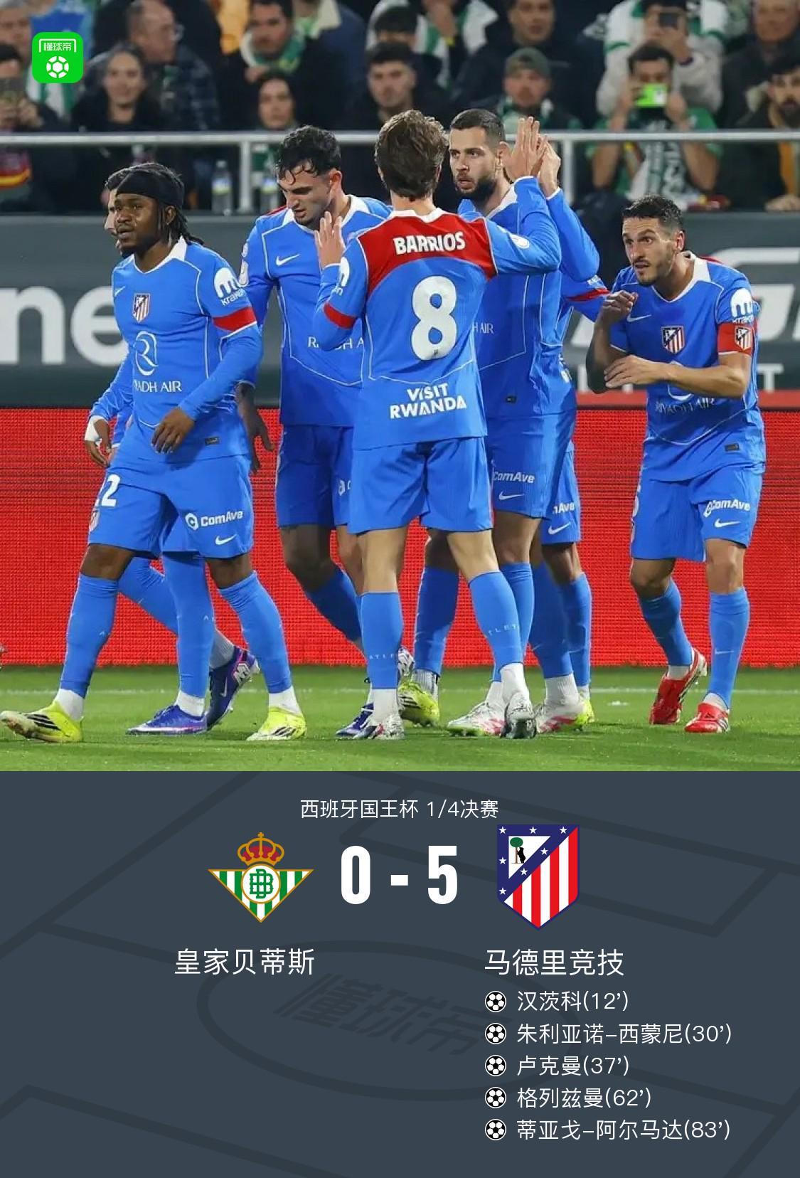 bti体育-国王杯马竞5-0贝蒂斯晋级4强，卢克曼首秀传射，格列兹曼破门